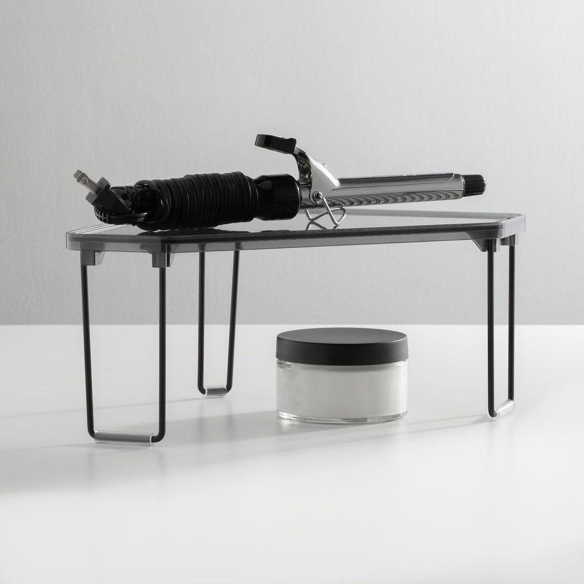 plastic-steel-corner-stackable-rack-storage-organizer-shelf-for-bathroom-vanity-countertop-sink-cabinet-holds-makeup-shower-accessories-ligne-collection-2-pack-black-smoke-gray