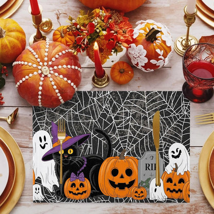 Halloween Pumpkin Placemats Set of 4,Ghost Black Cat Cotton Linen Heat-Proof Washable Placemat for Holiday Banquet Kitchen Table Decor,Spiderweb Black White Table Mat 13X19Inch3