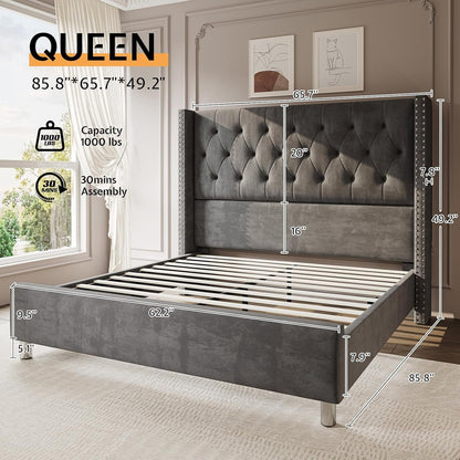 Queen Velvet Bed Frame with 49.2" Tall Wingback Headboard, Grey2