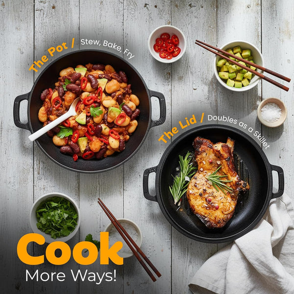 Cast Iron Dutch Oven 5 QT with Skillet Lid Pre-Seasoned Pfas-Free | Dual Purpose Skillet Lid, Griddle Pan Included, Bread Baking, Roasting, Grilling, Camping Use, Heavy Duty7
