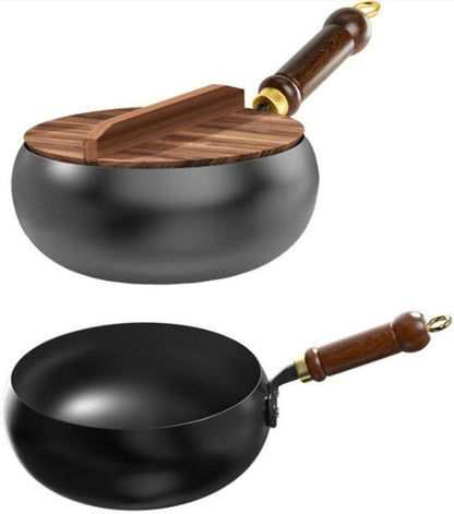 Refined Iron Wok with Wood Handle and Glass Lid, 9.45 in Flat Bottom Nonstick Stir Fry Pan for Gas, Induction, and All Stovetops7