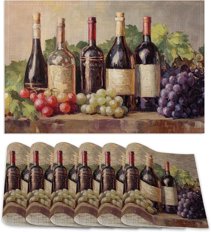 Placemats Set of 6,Retro Red Wine Table Mats, Grapes Glass Cup Washable Linen Table Mats,Non-Slip Heat Resistant Placemats for Party Kitchen Dining Indoor Outdoor 12"X18"1