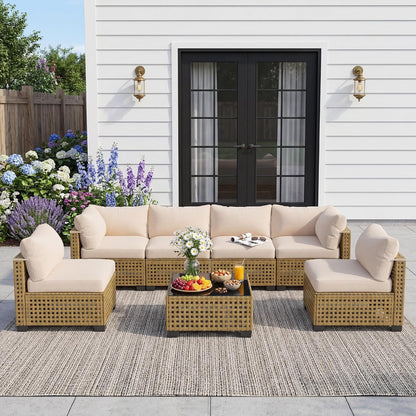 Patio Furniture Set, 7-Piece Outdoor Sectional Couch with Coffee Table & Thick Cushions, Outdoor Wicker Conversation Set for Backyard, Poolside, Garden (Yellow-White, 7 Piece-Single)1