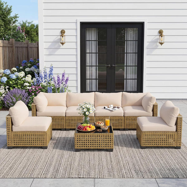 Patio Furniture Set, 7-Piece Outdoor Sectional Couch with Coffee Table & Thick Cushions, Outdoor Wicker Conversation Set for Backyard, Poolside, Garden (Yellow-White, 7 Piece-Single)1