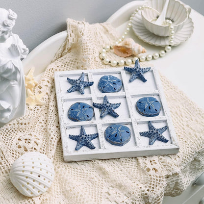 Beach Decor Tic Tac Toe 5 Sand Dollars & 5 Starfish Pieces Wood Board Travel Game for Coastal House Coffee Table Decor, Blue2