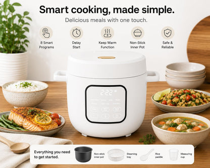B- 14-Cup Cooked Electric Rice & Grain Cooker, 6-Cup Uncooked Capacity, Ceramic Nonstick Coating, Multi-Grain Cooking, Automatic Keep Warm (White Icing)2
