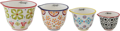 Creative Co-Op Floral Hand Stamped Stoneware Measuring Cups (Set of 4 Sizes/Designs)1