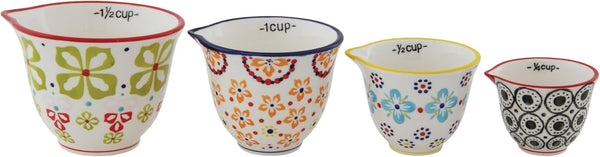 Creative Co-Op Floral Hand Stamped Stoneware Measuring Cups (Set of 4 Sizes/Designs)1