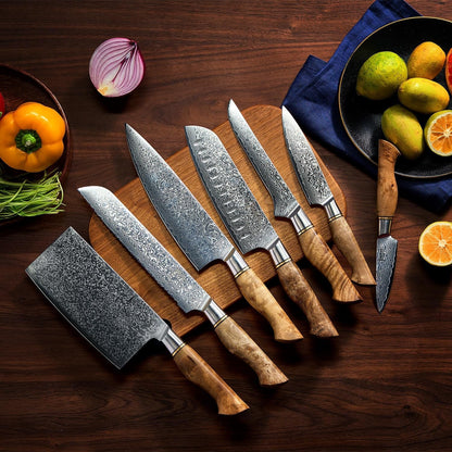 SENKEN 7-Piece Damascus Kitchen Knife Set - Dynasty Collection - 67-Layer Japanese VG10 Steel with Sycamore Wood Handles, Chef'S Knife, Cleaver, Bread, Santoku, Boning, & More5
