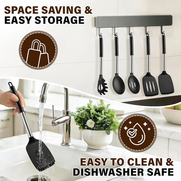 5Pcs Silicone Cooking Utensils Set, Heat Resistant Kitchen Tools Include Solid&Slotted Spatula, Cooking Spoon and Pasta Server, Silicone Kitchen Utensils Set for Nonstick Cookware Flipping, Black7