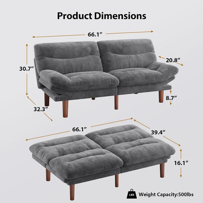 66 Inch Convertible Futon Sofa Bed, Corduroy, Grey2