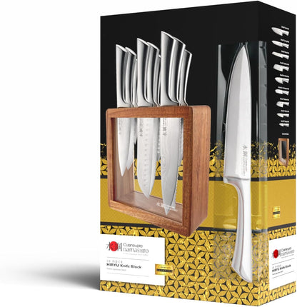 Damashiro Knife Block (Hiryu, 10-Piece Set) - Premium Japanese Steel Knife Set with Acacia Wood Block & Tempered Glass Window - Damascus-Inspired Blade9