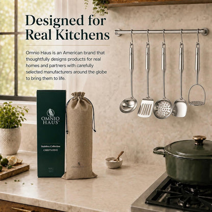 Premium Stainless Steel Kitchen Utensil Set, 5-Piece 304 (18/8) Cooking Utensils with Hooks, Soup Ladle, Slotted Turner, Solid Wok Turner, Skimmer, Potato Masher, Storage Bag and Gift Box9
