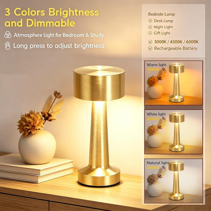Portable LED Table Lamp, 3-Levels Brightness Metal Desk Lamp,3 Color Touch Control Rechargeablelamp, Ideal Bedside Lamp for Nightstand, Bedroom,Living Room (Light Golden)3
