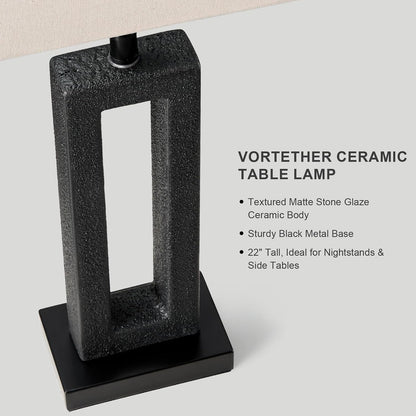 22" Matte Black Textured Ceramic Table Lamps Set of 2, Modern Bedside Lamps with Linen Shade, 5Ft Cord Inline Rotary Gear Switch E26 Nightstand Lamp for Bedroom Living Room Entryway Decor2