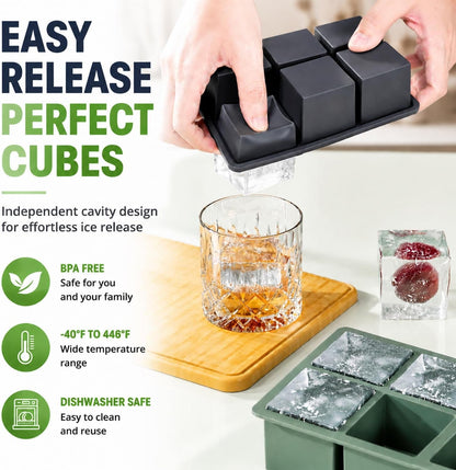 Large Ice Cube Tray for Whiskey: 2" Big Silicone Ice Tray with Lid for Whisky - 3Pack Old Fashioned Ice Cube Trays for Cocktail - Huge Square Cubed Bourbon Ice Cube Maker2
