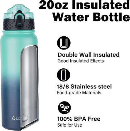 Insulated Water Bottle 20Oz for Adults Kids Stainless Steel Water Bottles with Straw/Chug/Carabiner 3 Lids Fruit Strainer Double Wall Vacuum Wide Mouth BPA Free Leak-Proof for School Travel4