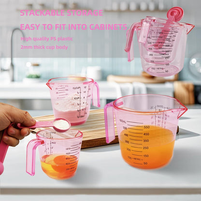 Pink Plastic Measuring Cup Measuring Spoon Set: 3 Stackable Liquid Measuring Cups 150/300/600Ml and 5 Spoons 1.25-15Ml, Used to Create Pink Kitchen Themes, Baking, Cooking4