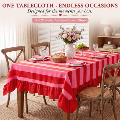 Striped Ruffled Tablecloth 70 X 52 Inches Boho Pink Red Striped Decorative Table Cover Rectangle Cotton Linen Table Cloth for Home Dining Kitchen Wedding Birthday Party4