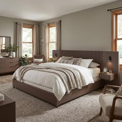 King Size Platform Bed with Built-In Nightstands and Reading Lights, Vertical Slatted Headboard, Heavy Duty Noise-Free Wood Bed Frame with Wood Slats Support,Walnut4