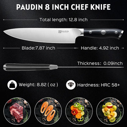 Chef Knife,8 Inch Professional Kitchen Knife Dishwasher Safe,Forged German Stainless Steel Sharp Cooking Knife,Ergonomic G10 Handle Full Tang Meal Prep Knives,Home Restaurant Gift for Men Women8