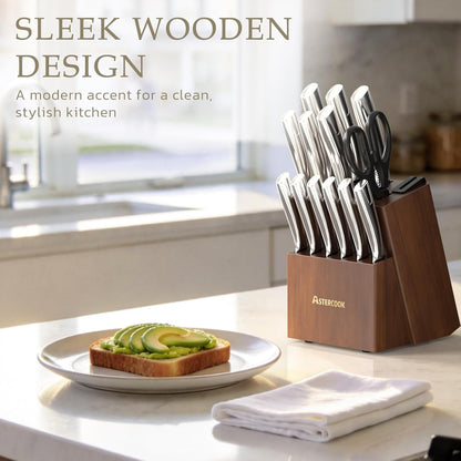 Knife Set, Kitchen Knives Set with Block and Sharpener Full Tang 15 Pcs Stainless Steel Knives, Dishwasher Safe Knife Set with Anti-Slip Ergonomic Handle, Walnut, Fathers Day Gift for Men3
