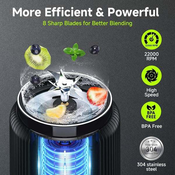 Portable Blender, Small Smoothie & Shake Maker with LED Display | 8 Blades, 22000 RPM, USB C Rechargeable Personal Blender, Extra Lid, Lightweight for Travel, Office, Home, 17Oz, Black2