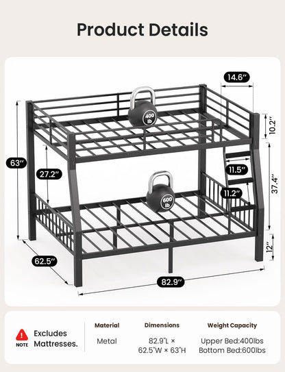Full XL over Queen Bunk Bed, Metal Frame with Safety Guardrails & Ladder2