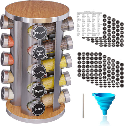 Revolving Spice Rack Set with 20 Spice Jars, Kitchen Spice Tower Organizer for Countertop or Cabinet -- Carousel Storage Includes 386 Spice Labels -- Desktop Rotating Seasoning Organizer1