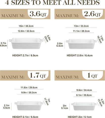 Casserole Dishes for Oven, Porcelain Baking Dish Set of 4 | Rectangular Lasagna Pans with Handles, Deep Bakeware, White (15''/13''/11.6''/9.6''), Oven Safe, Microwave Safe, Series BAKE2