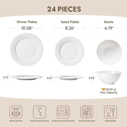 24Pc Textured White Bone China Set Service for 82