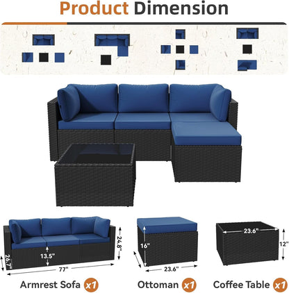 Patio Furniture Set 5-Piece, Outdoor Sectional Sofas with Washable Cushion, Wicker Rattan Patio Conversation Sets for Backyard Porch and Poolside, Navy2