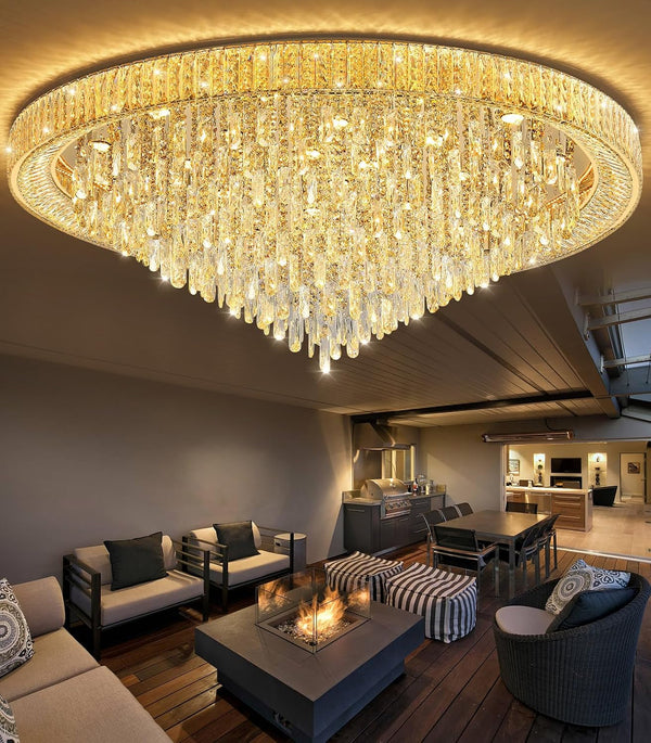 53.7" Modern Crystal Big Large Chandeliers LED Dimmable Flush Mount Ceiling Chandeliers for Living Room High Ceiling Entrance Foyer Lobby Bedroom Gold6