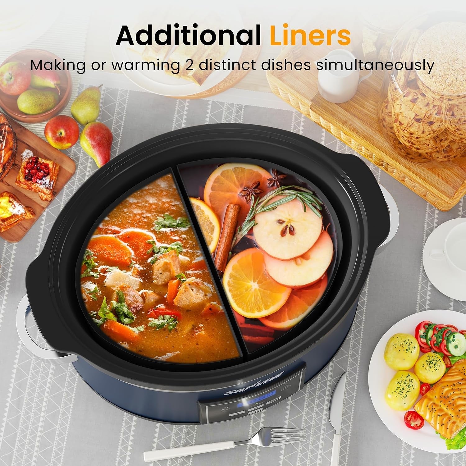6-quarts-programmable-slow-cooker-with-reusable-silicone-liners-digital-timer-adjustable-temp-dishwasher-safe-divider-insert-non-stick-ceramic-pot-glass-lid-stainless-steel-darkblue