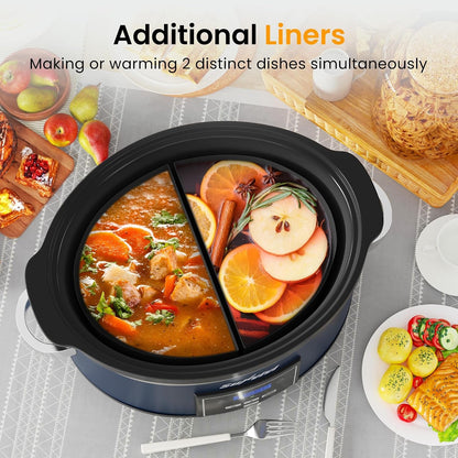 6 Quarts Programmable Slow Cooker with Reusable Silicone Liners, Digital Timer, Adjustable Temp, Dishwasher Safe Divider Insert, Non-Stick Ceramic Pot & Glass Lid, Stainless Steel, Darkblue2