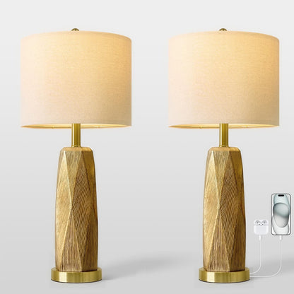 27.5" Gold Table Lamps Set of 2 with USB-A & USB-C Charging Ports, Textured Resin Bedside Lamps with Linen Shade & Rotary Switch, Tall Nightstand Lamps for Bedroom, Living Room Office8