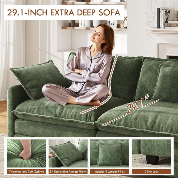 111.4" Modular Sectional Sofa, U Shape Cloud Couch with 2 Movable Ottoman, Comfy Chenille Deep Seat Sofa with Soft Pillows for Living Room Bedroom Apartment (Green)4