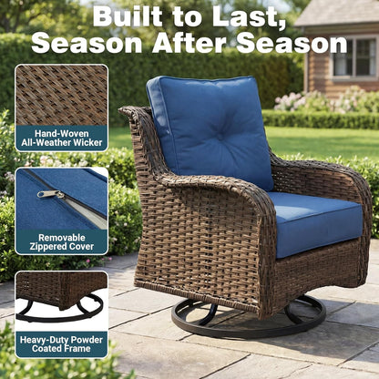 Luxury Patio Conversation Set, 5-Piece Ergonomic High Back Wicker Swivel Chair Set with 6-Inch Deep Seating Cushions, Large Patio Furniture Set for Garden, Deck & Balcony, Navy Blue7