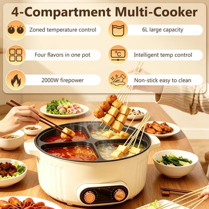 Electric Hot Pot Cooker, 4 Compartment Divider Pot, 6.3QT | 1800W Fast Heating, Nonstick Divider Pot, Cook 4 Flavors Simultaneously for Family Dining & Entertaining3