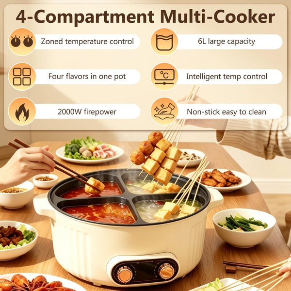 Electric Hot Pot Cooker, 4 Compartment Divider Pot, 6.3QT | 1800W Fast Heating, Nonstick Divider Pot, Cook 4 Flavors Simultaneously for Family Dining & Entertaining3