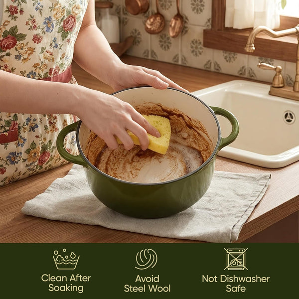 Vintage Style 6 Quart Dutch Oven Pot with Lid, Non Stick Enameled Cast Iron Dutch Oven for Bread Baking, Heavy-Duty, Oven Safe Ceramic Cookware up to 500°F for Baking, Braising, Stews, Roasting, Golden Green6
