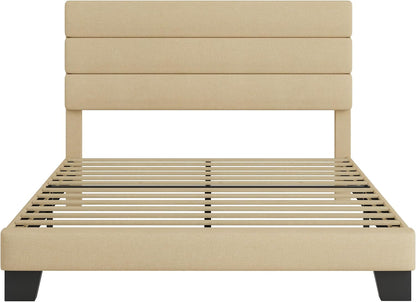 Full Platform Bed Frame with Upholstered Fabric Headboard, Beige8