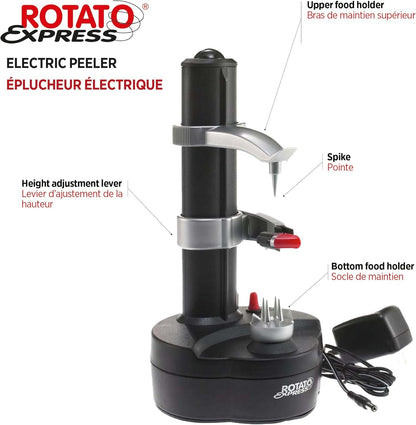 Rotato Express Electric Peeler for Potatoes, Fruits & Vegetables | Hands-Free, Safe & Easy to Use, Effortlessly Peel, Spiralize, Zest & More, Nonslip Base, Includes Spare Blades & Thumb Knife3