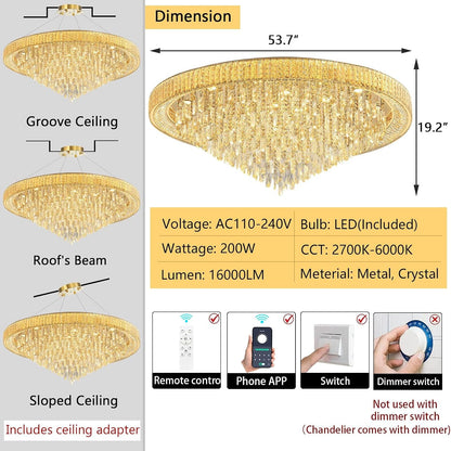 53.7" Modern Crystal Big Large Chandeliers LED Dimmable Flush Mount Ceiling Chandeliers for Living Room High Ceiling Entrance Foyer Lobby Bedroom Gold2