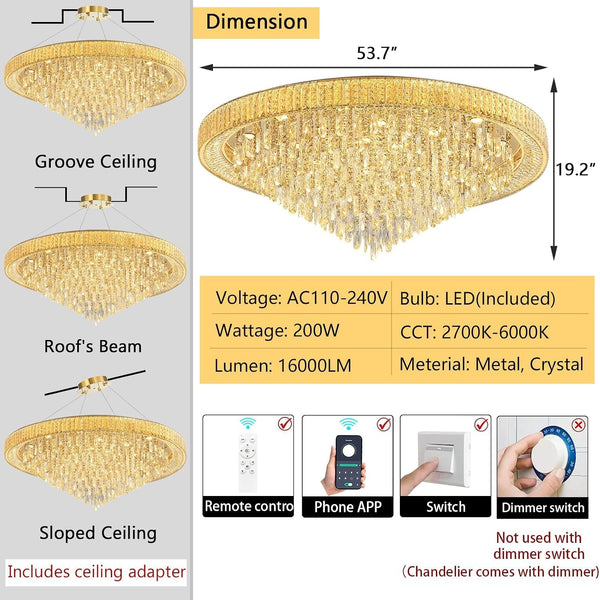 53.7" Modern Crystal Big Large Chandeliers LED Dimmable Flush Mount Ceiling Chandeliers for Living Room High Ceiling Entrance Foyer Lobby Bedroom Gold2