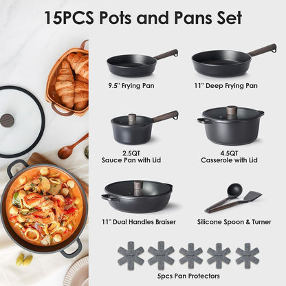 15Pcs Nonstick Cookware Set Pots and Pans Set Kitchen Cooking Frying Pans with Stay-Cool Handle, Dishwasher Safe, Induction Compatible, PFOA/PFOS Free, Black2