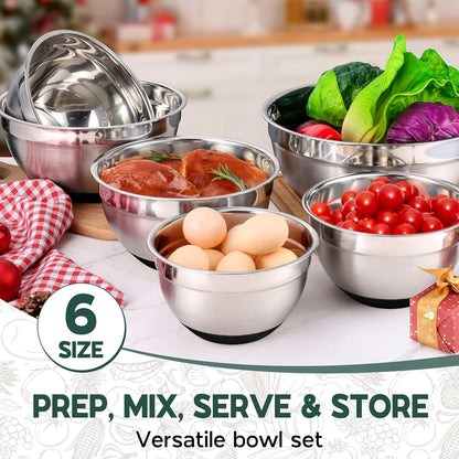 Mixing Bowls with Lids Set of 6 for Kitchen, Stainless Steel Metal Nesting Bowls with Non-Slip Bottom Black - Size 1, 1.5, 2, 2.6, 3.5, 7QT6