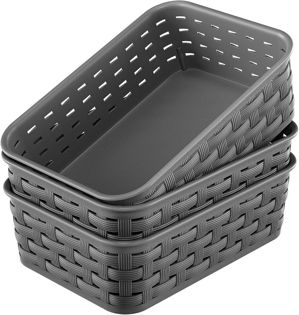 3 Pack Small Plastic Basket, Storage Bin Baskets for Organizing, Pantry Organizer Household Wicker Storage for Laundry Room, Bedrooms, Kitchens, Cabinets, Countertops, Dark Gray1