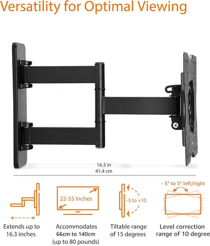 Full Motion Articulating TV Wall Mount, with Swivel and Tilt, for 26" to 55" Tvs and Flat Panels up to 80 Lbs, VESA Compatible, Single Stud, Black3