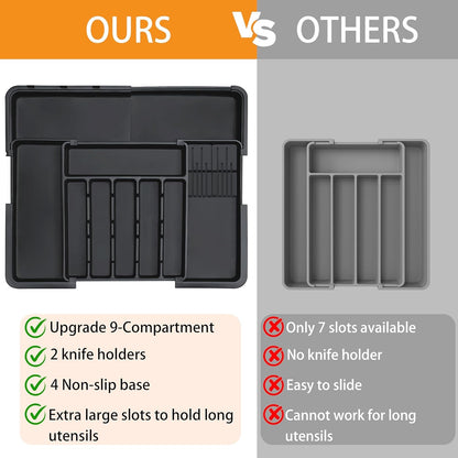 Silverware Organizer - Expandable Large Kitchen Drawer Organizer Utensil Organizer with 2 Removable Knife Blocks, 22"X 19"Cutlery Tray Drawer Dividers for Kitchen Flatware(6-9 Slots) (Black)3